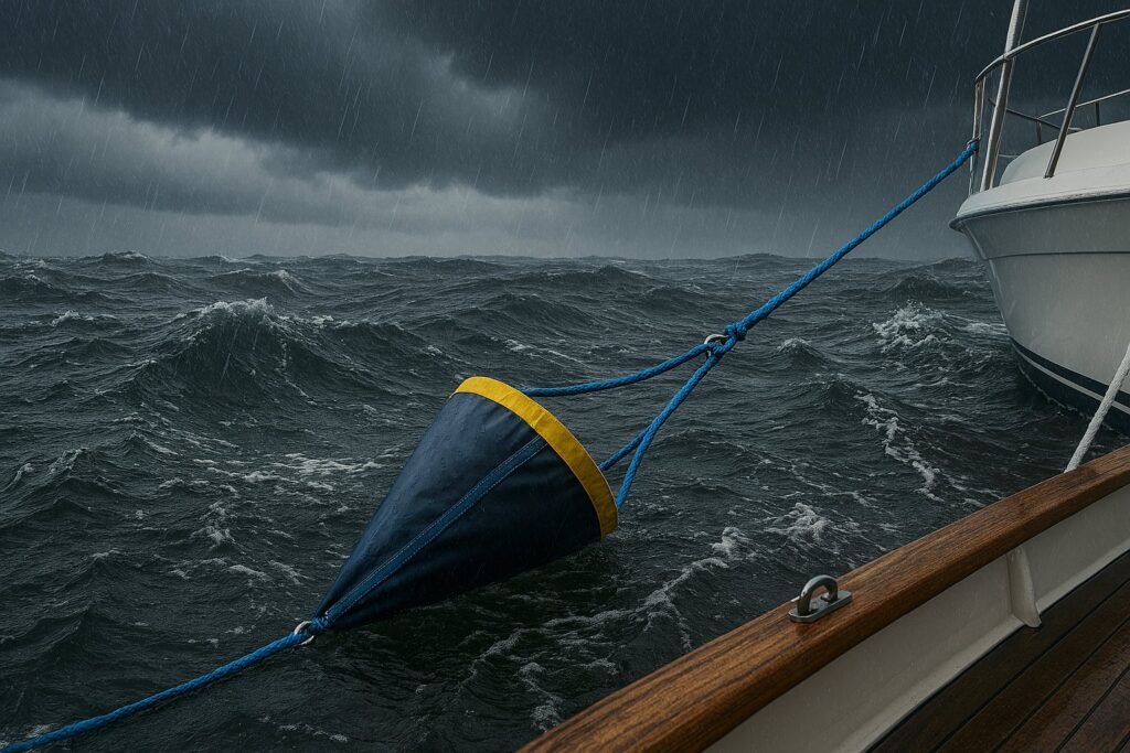 Velero navegando con ancla de capa en temporal