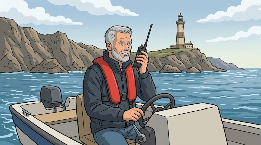 Ilustración: un patrón llama por un VHF portátil desde una lancha frente a la costa