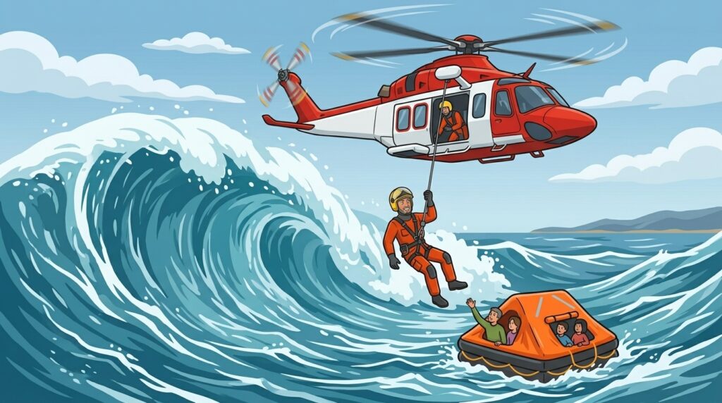 Ilustración de un rescatador bajando con la grúa de un helicóptero sobre una ola, con una balsa salvavidas