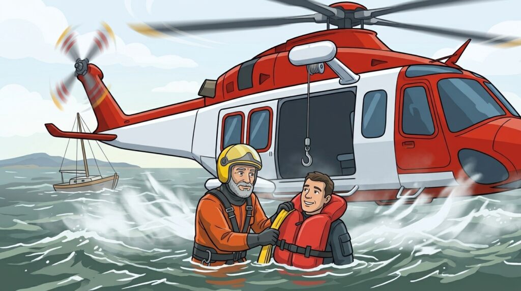 Ilustración: el rescatador coloca la eslinga de rescate a un navegante con chaleco salvavidas bajo el helicóptero