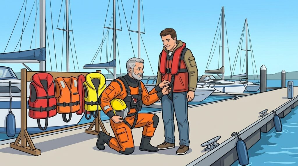 Ilustración: el rescatador de Seguridad Náutica ajusta la cinta de entrepierna de un chaleco autohinchable a un navegante en el pantalán