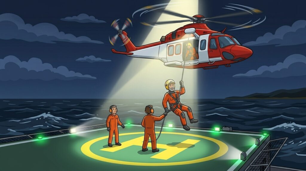 Ilustración: ejercicio nocturno de rescate con grúa sobre el helipuerto de un barco