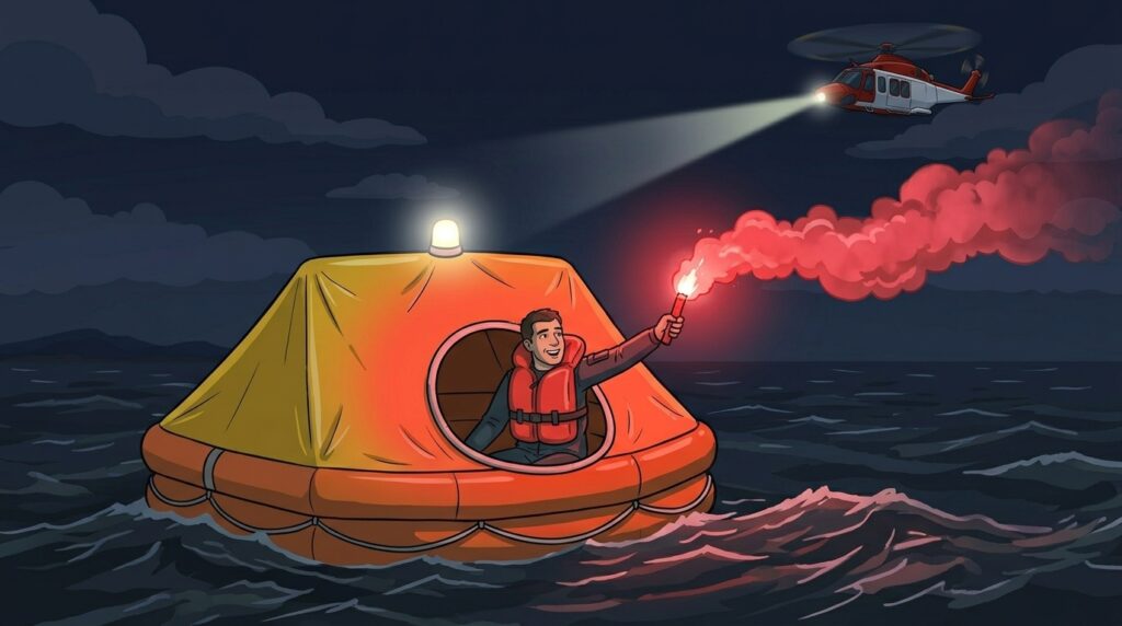 Ilustración: náufrago en una balsa salvavidas encendiendo una bengala de mano mientras se acerca un helicóptero de rescate