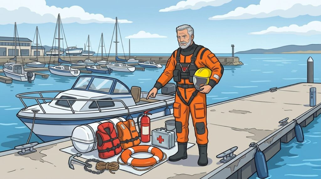Ilustración: el rescatador de Seguridad Náutica señala el equipo de seguridad de un barco en el pantalán: balsa, chalecos, aro, extintor y botiquín