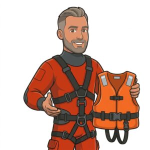 El rescatador de Seguridad Náutica mostrando un chaleco salvavidas