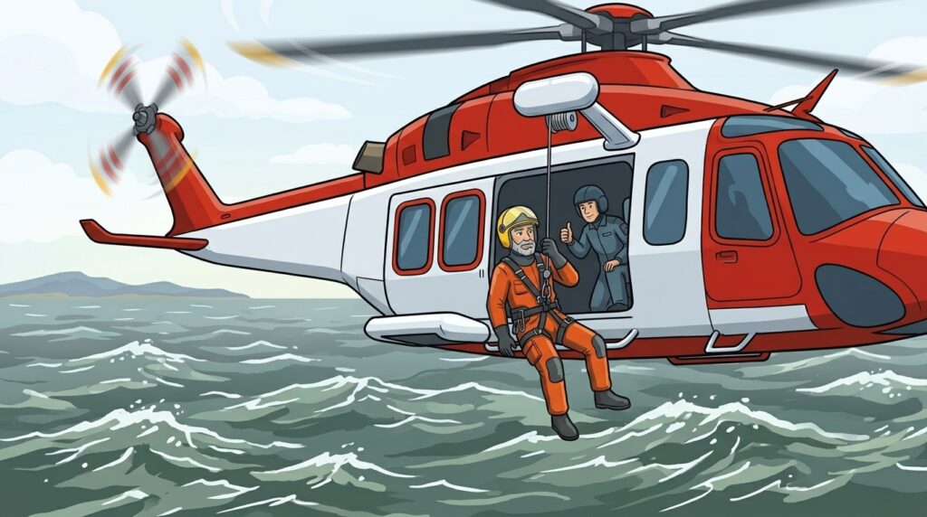 Ilustración: el rescatador de Seguridad Náutica sentado en la puerta de un helicóptero de rescate, listo para bajar en grúa