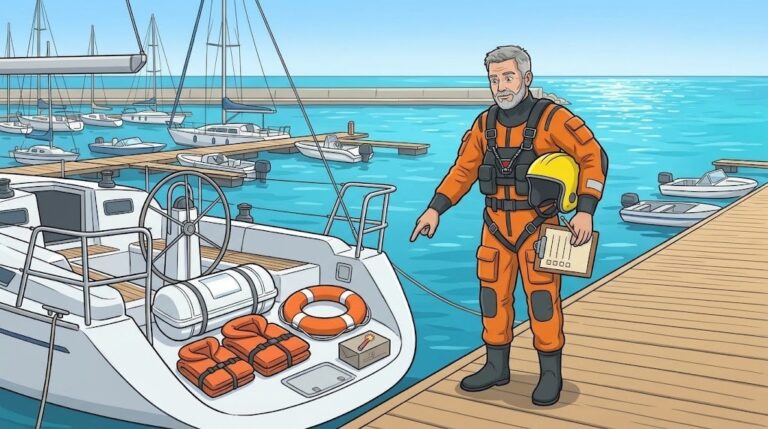 Rescatador en un pantalán revisando con una lista el equipo de seguridad de un velero: balsa, chalecos, aro y bengalas