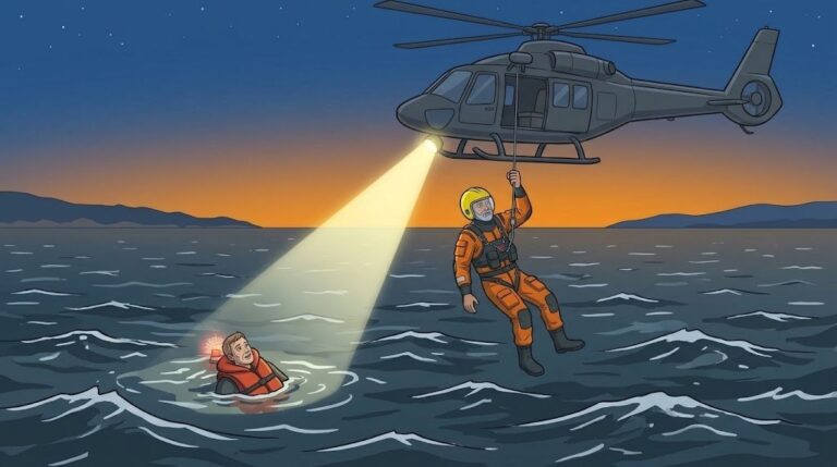 Rescatador descendiendo con el cable de un helicóptero hacia una persona en el agua con chaleco y luz, al atardecer
