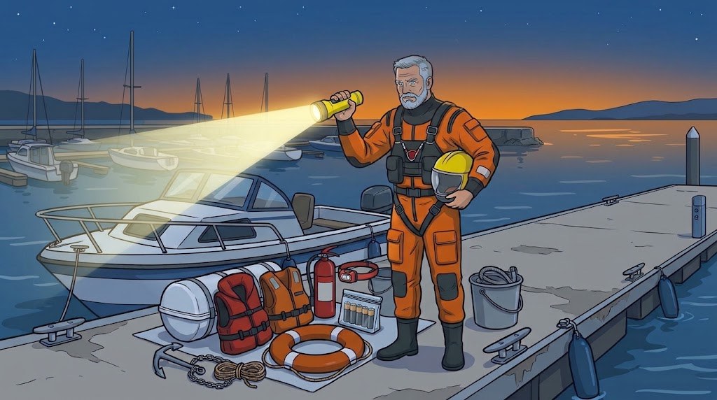 Rescatador al atardecer en un pantalán iluminando el agua con una linterna estanca amarilla, junto al equipo de seguridad del barco