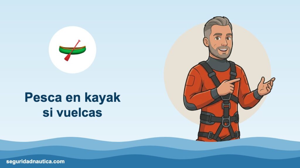 Rescatador ilustrado junto al título Pesca en kayak: si vuelcas