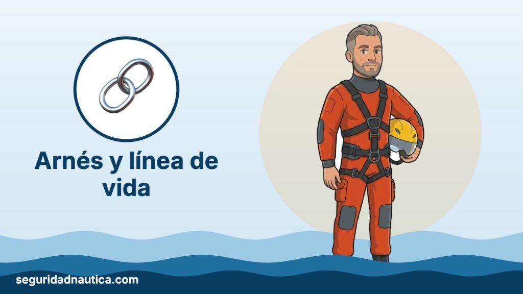 Ilustración: Arnés y línea de vida — Seguridad Náutica
