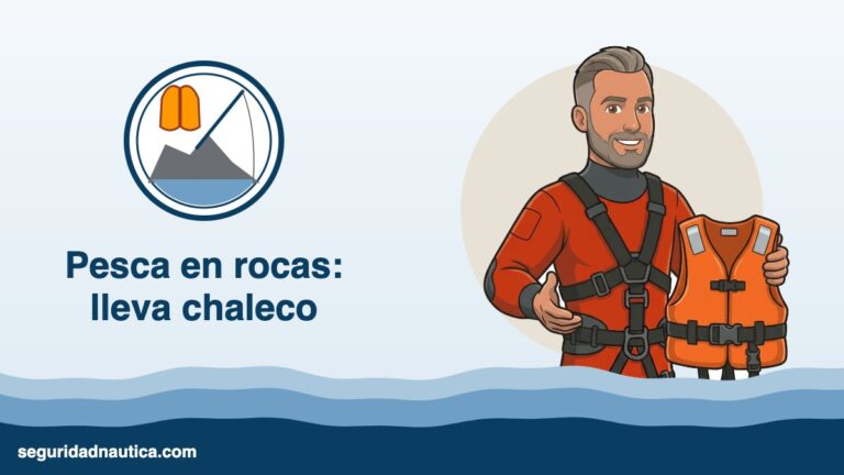 Ilustración: pesca en rocas y acantilados con chaleco salvavidas — Seguridad Náutica